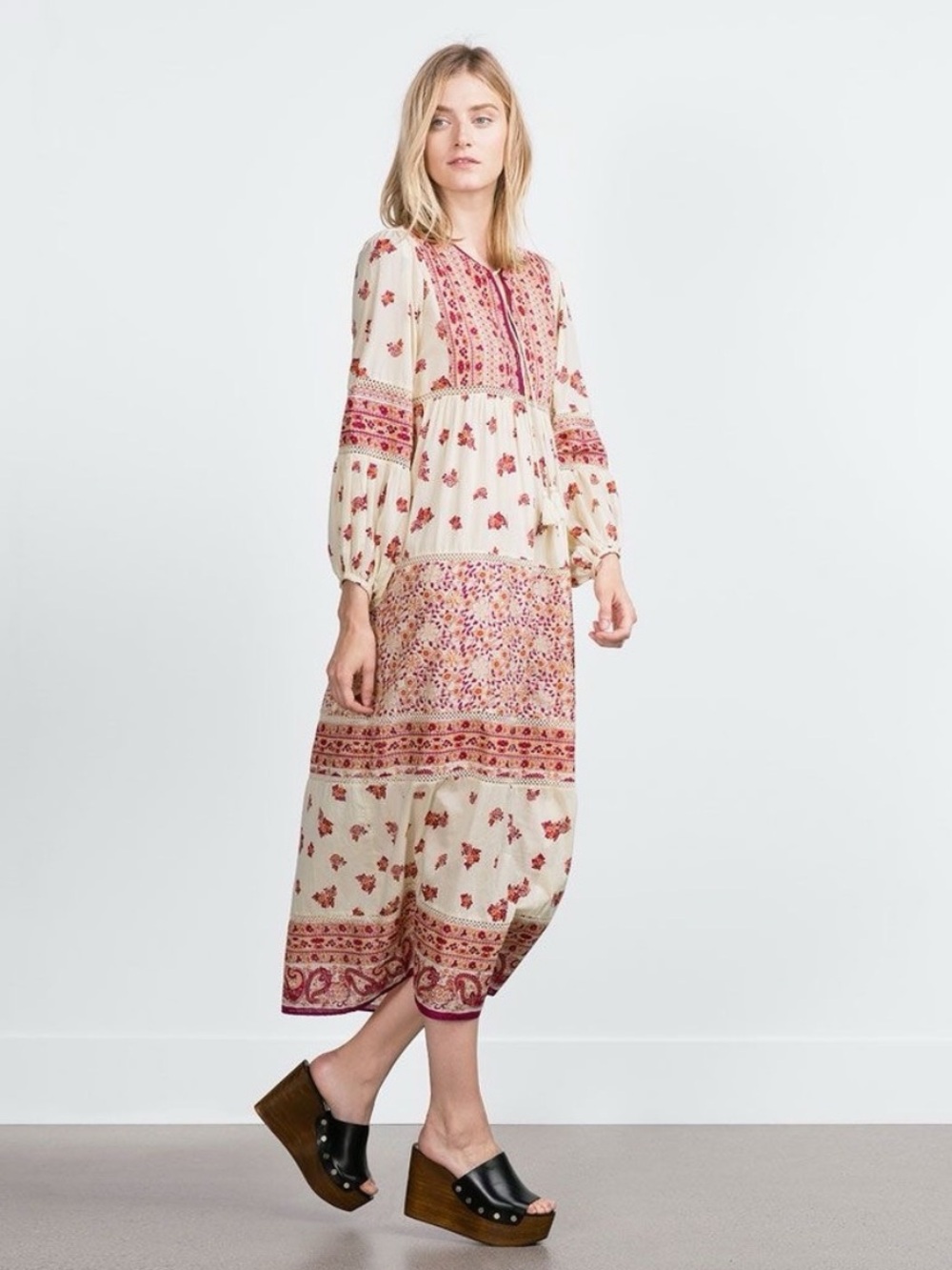 Zara Printed Maxi Shift Dress with Floral Boho Design and Crochet Details
